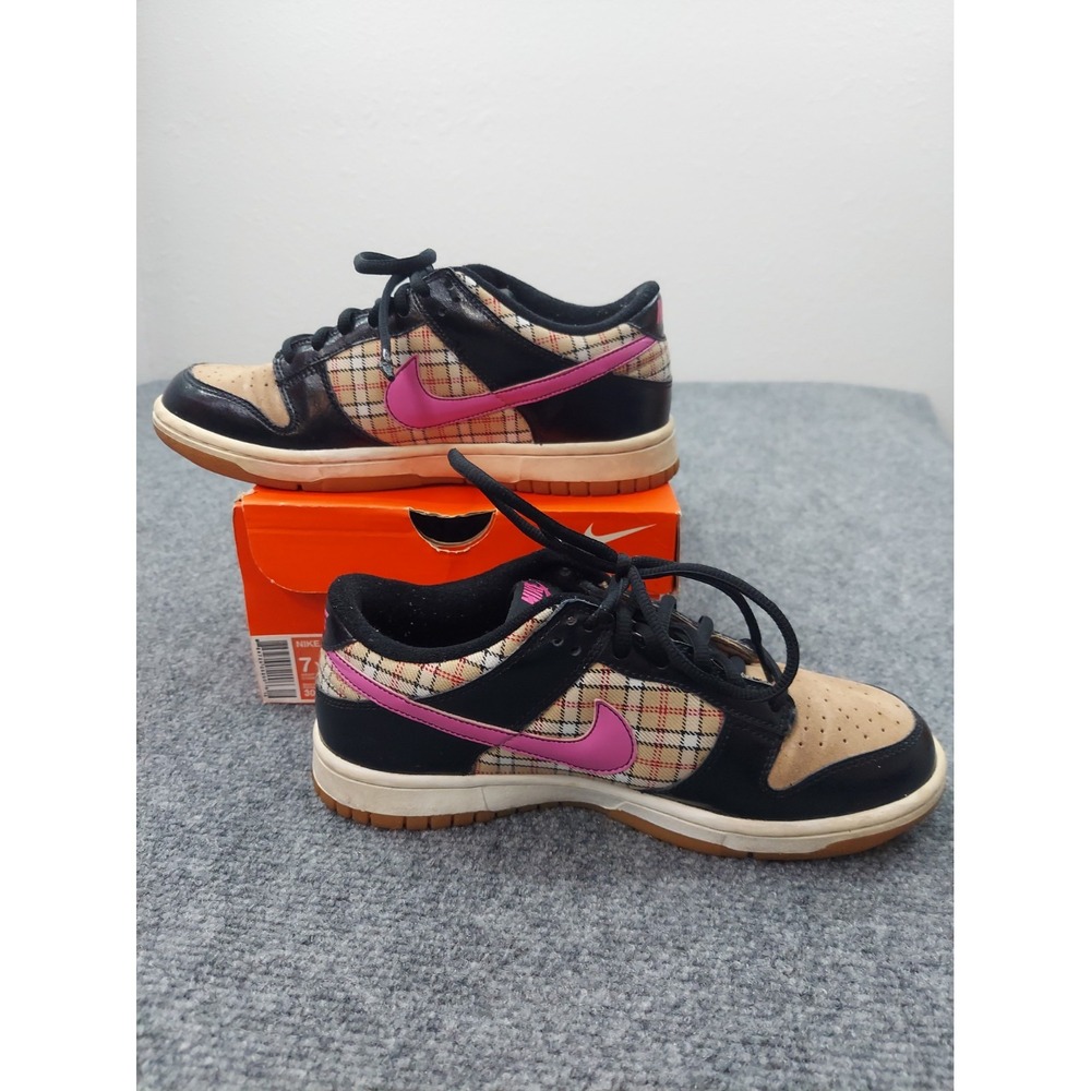 Nike Dunk Low Shoes Sneakers Girls Youth 7 Pink Brown Plaid Vtg Y2K Hemp Toe